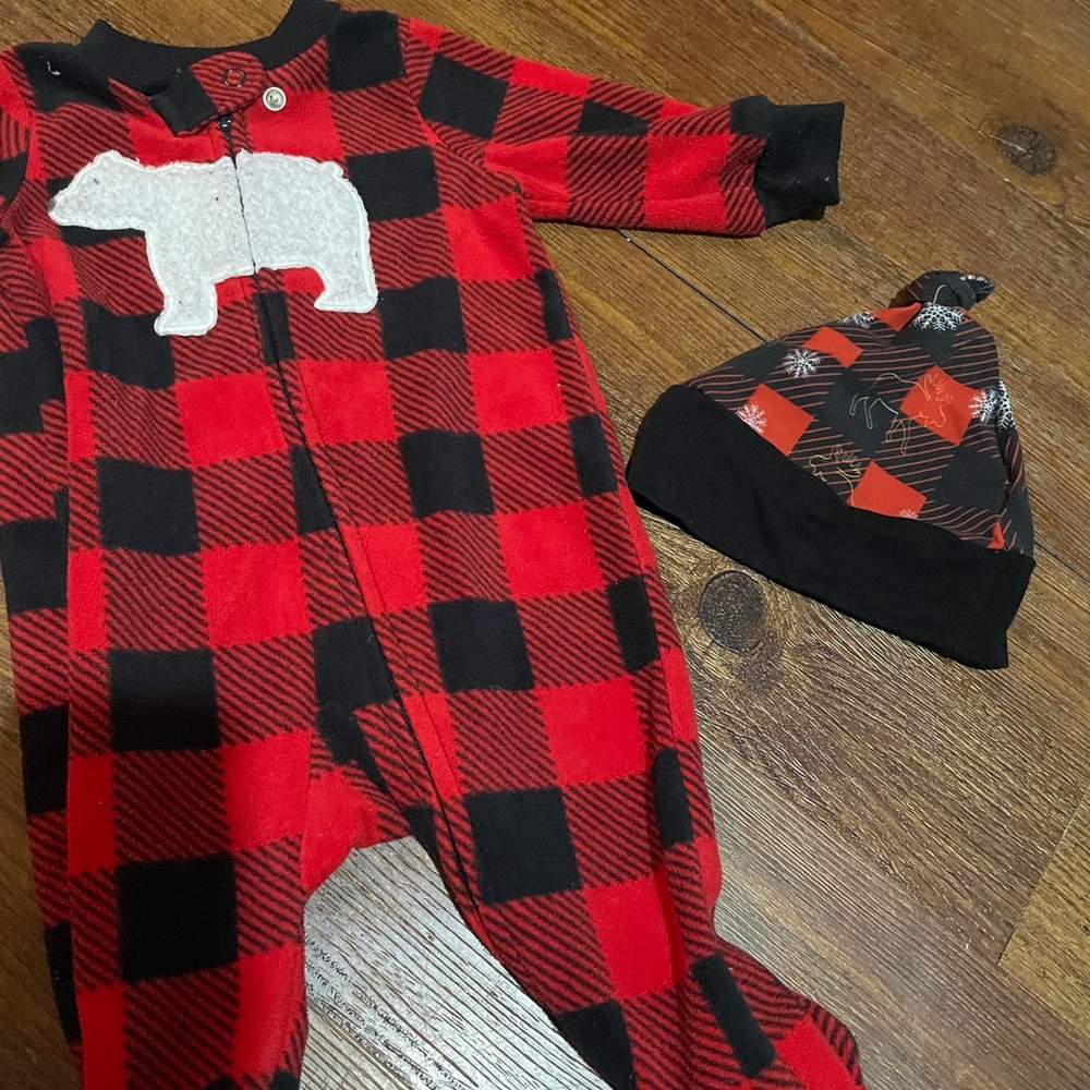 0-3 month Red  and Black Plaid One Piece with Bear Design